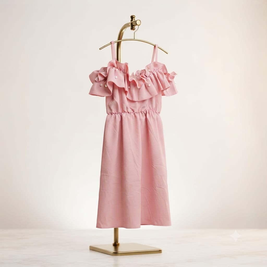 Vestido Babado Ombro Pérolas
