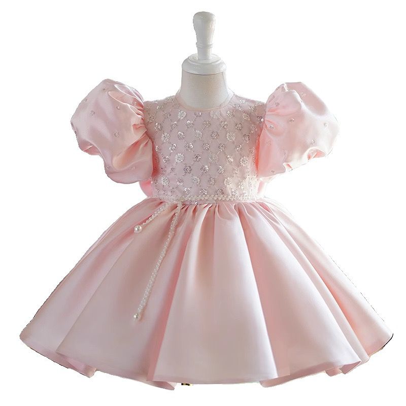 Vestido Infantil Rosa Pérolas