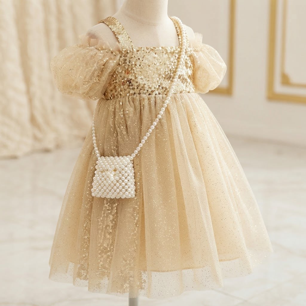 Vestido Infantil Dourado Brilhante