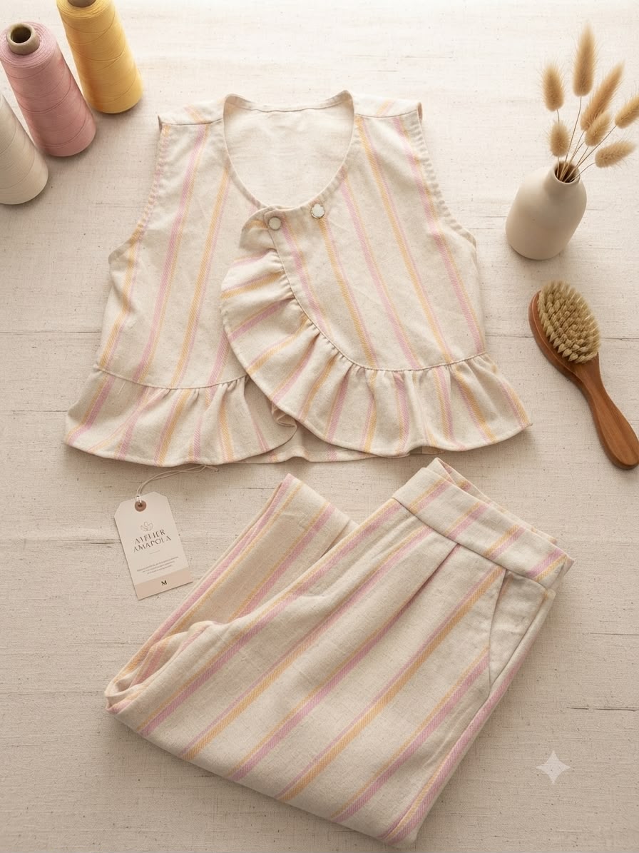 Conjunto Infantil Feminino de Linho Lístras