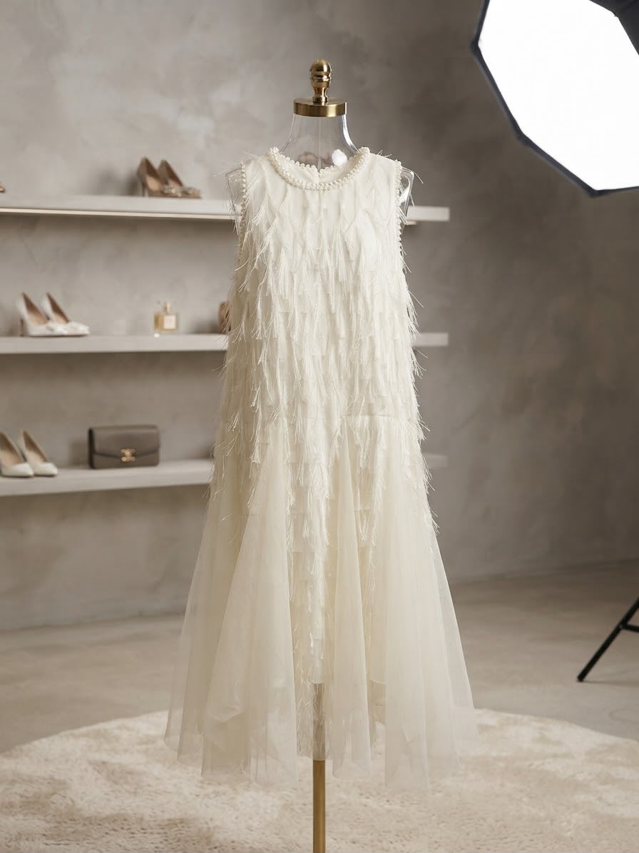 Vestido Infantil Franjas e Pérolas