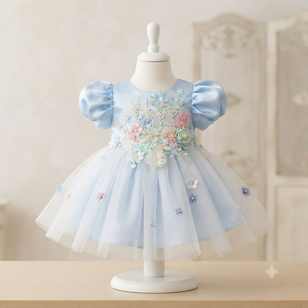 Vestido De Festa Azul Florzinhas