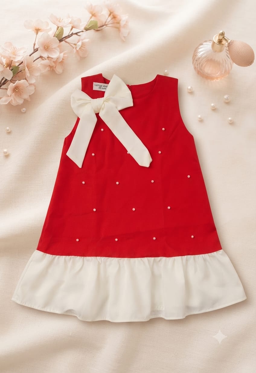 Vestido Vemelho Laço Pérolas
