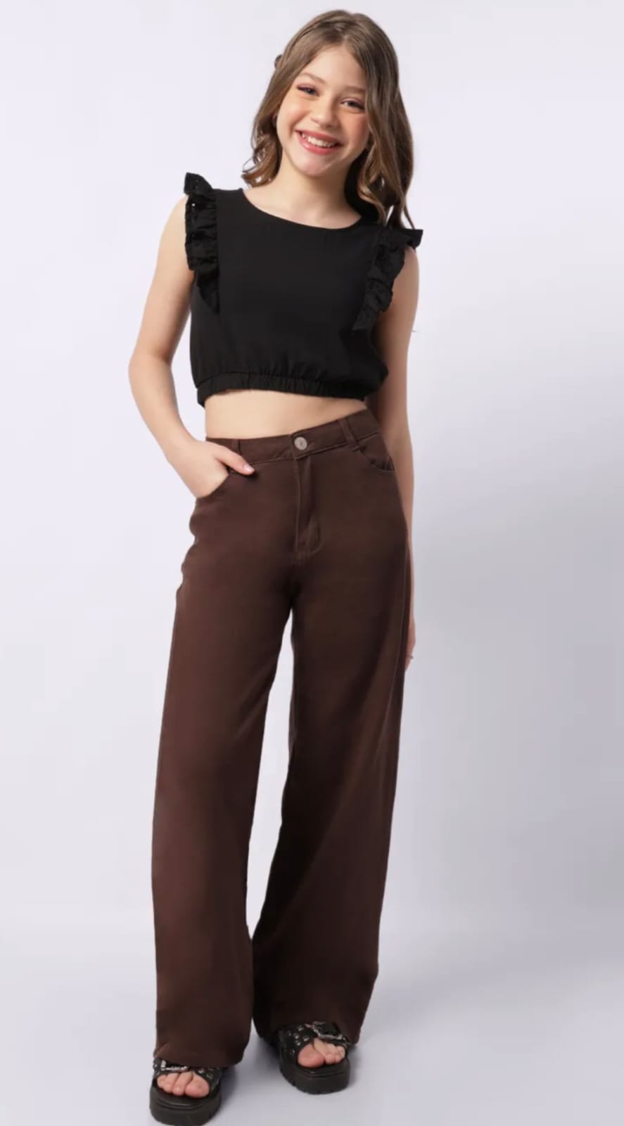 Calça Infantil Feminina Wide Leg Marrom