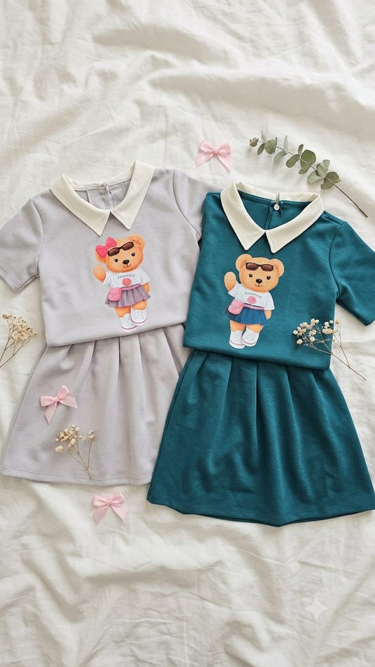 Conjunto Infantil  Polo Ursinho + Shorts Saia