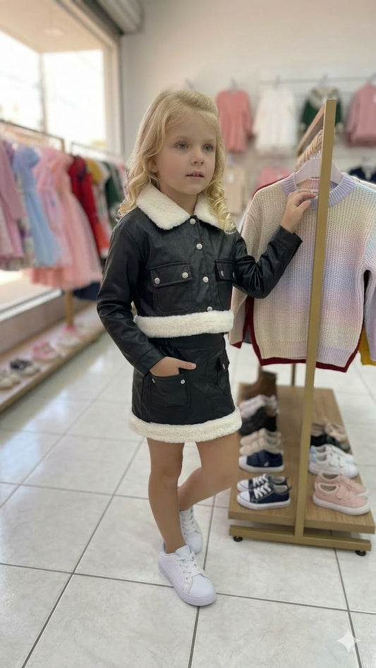 Conjunto Infantil Feminino Couro Pelinhos
