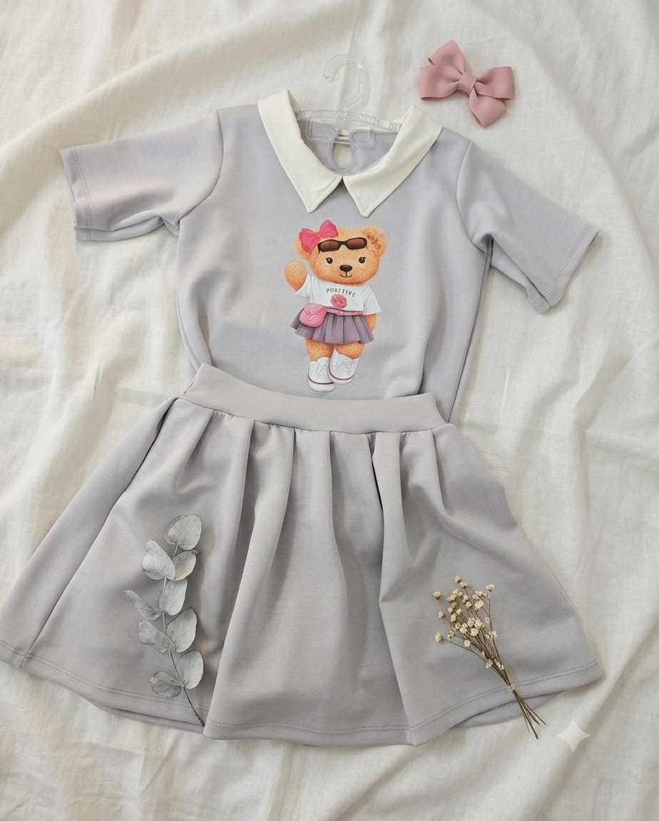 Conjunto Infantil  Polo Ursinho + Shorts Saia