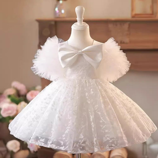 Vestido Infantil Branco Folhas Lacinho