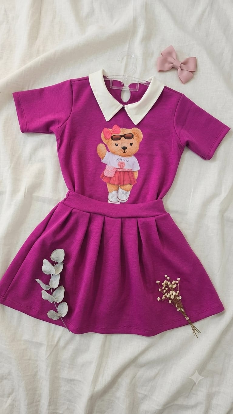 Conjunto Infantil  Polo Ursinho + Shorts Saia
