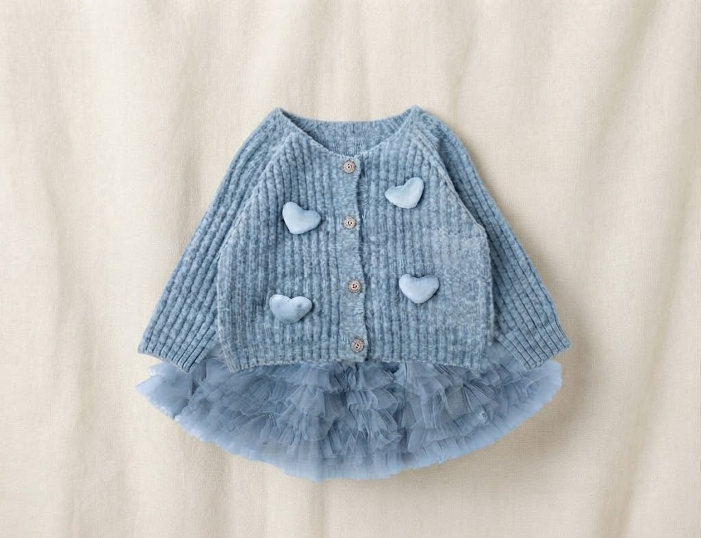Conjunto Infantil Cardigan Corações + Saia Tule