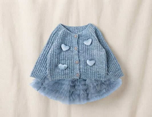Conjunto Infantil Cardigan Corações + Saia Tule