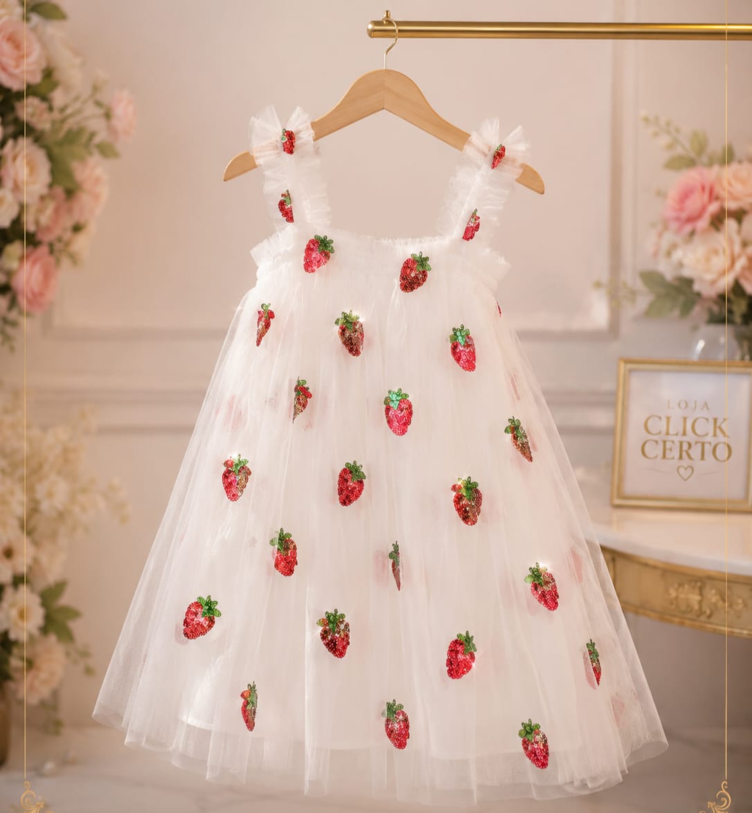 Vestido Infantil De Tule Moranguinhos