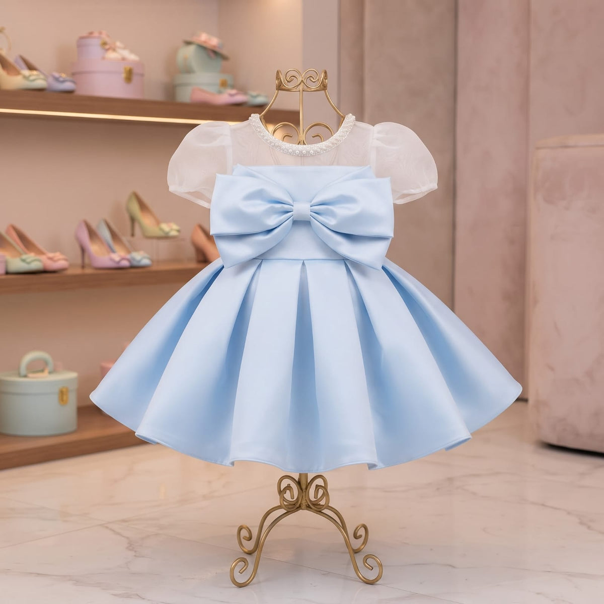 Vestido De Festa Infantil Azul com Laço