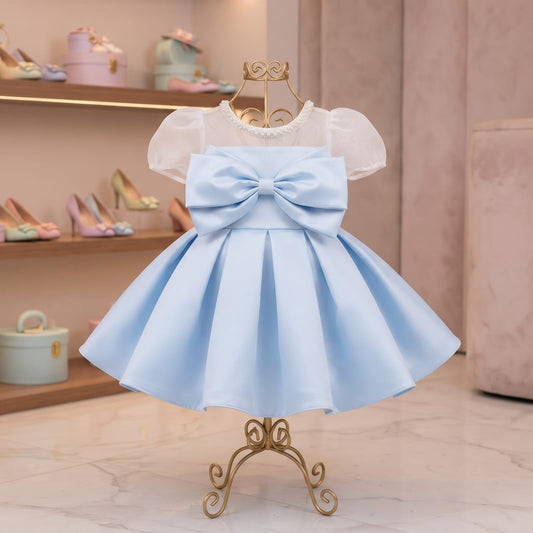 Vestido De Festa Infantil Azul com Laço