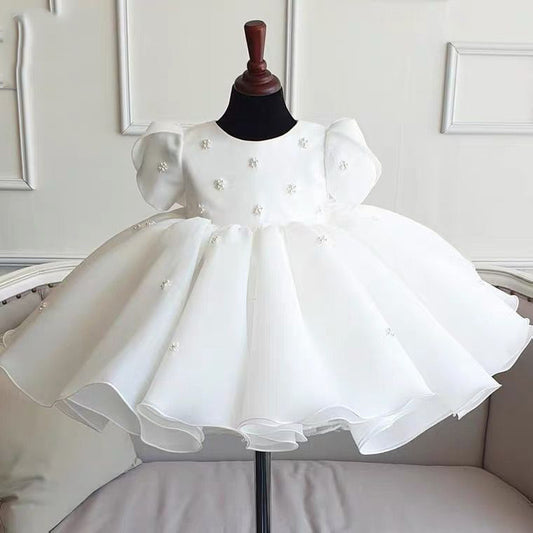 Vestido De Festa Infantil Branco Pérolas e Laçinho