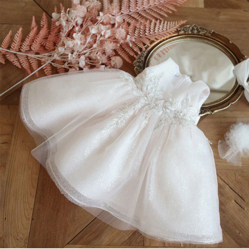 Vestido Infantil De Festa Branco Brilhante com Flores