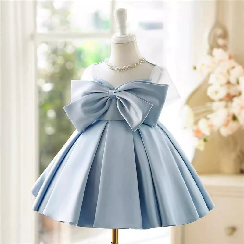 Vestido De Festa Infantil Azul com Laço