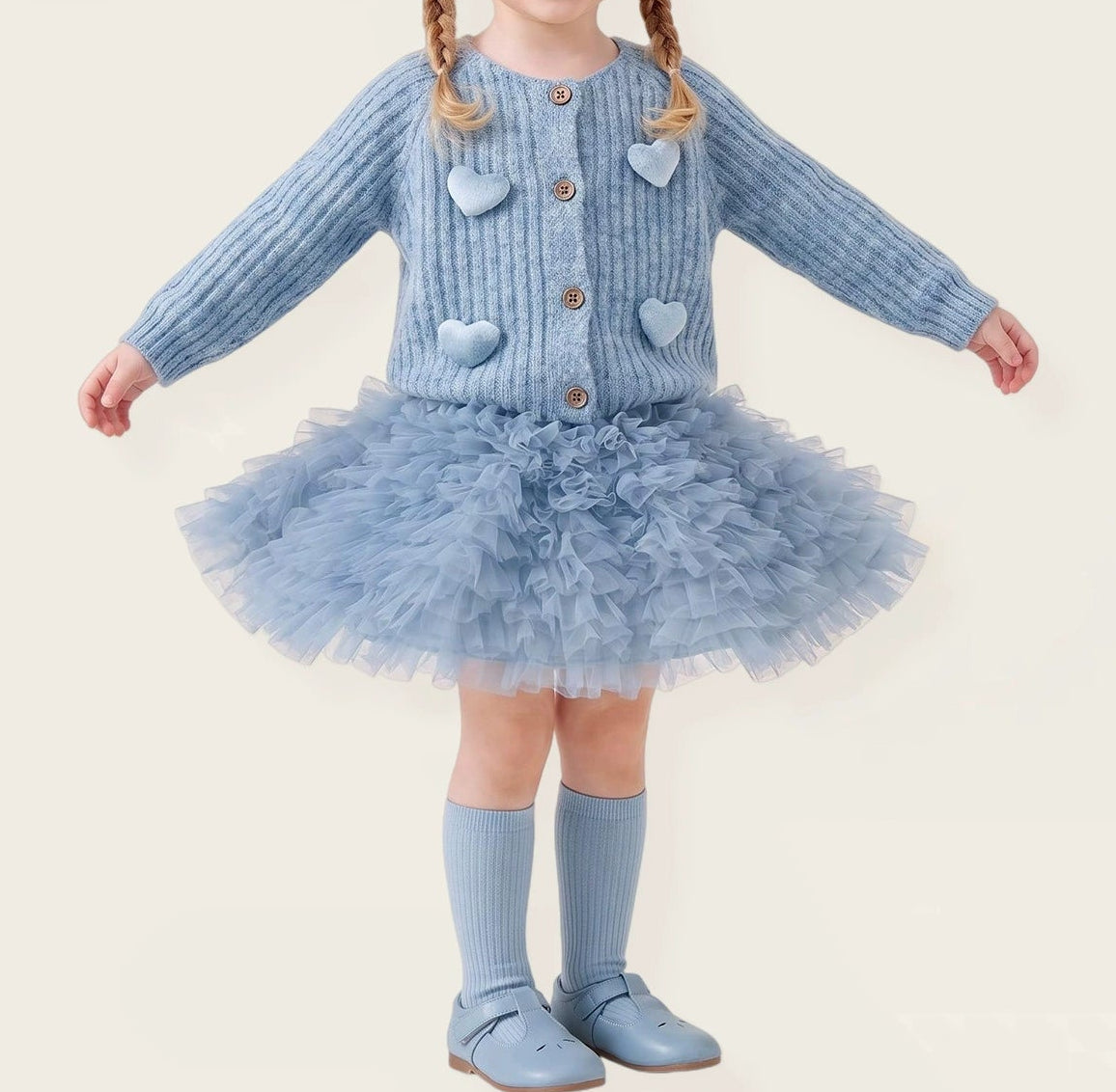 Conjunto Infantil Cardigan Corações + Saia Tule