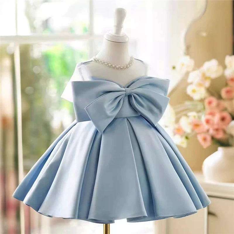 Vestido De Festa Infantil Azul com Laço