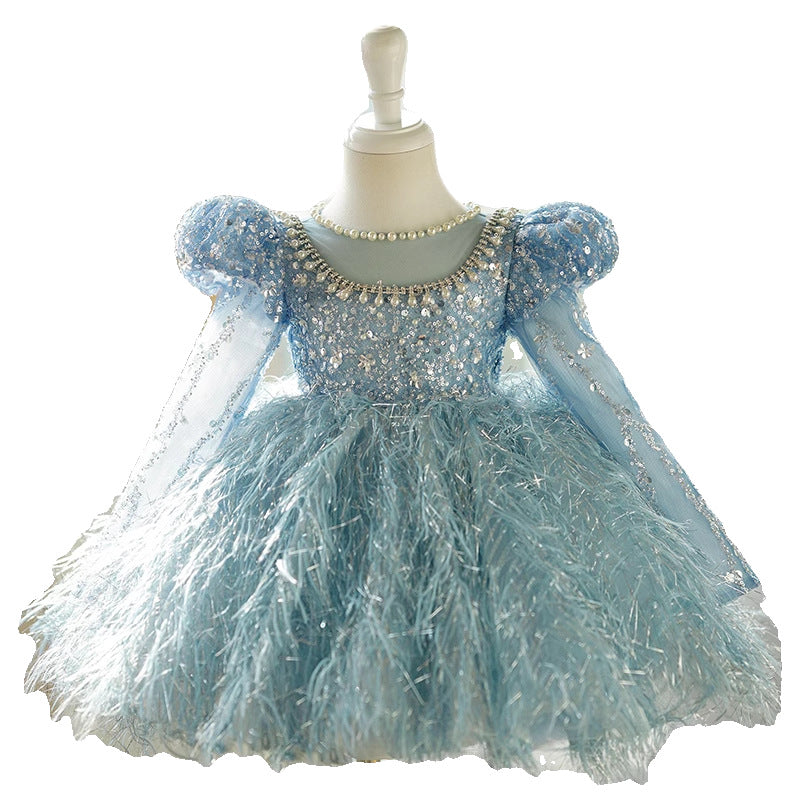 Vestido De Festa Azul Brilhante e Plumas