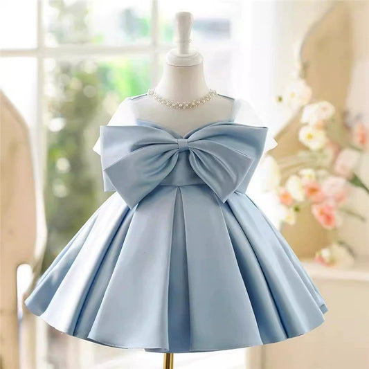 Vestido De Festa Infantil Azul com Laço