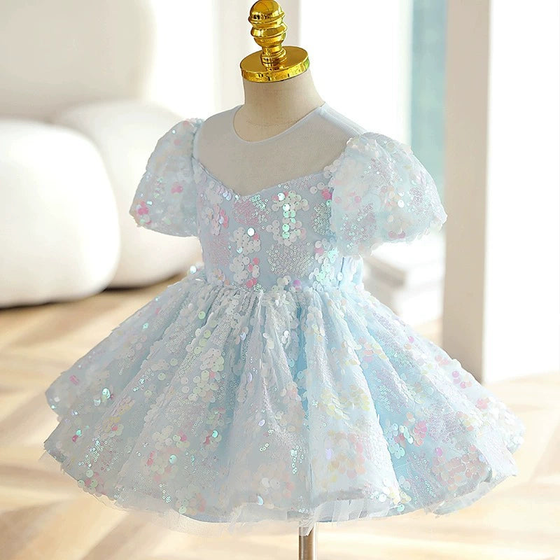 Vestido De Festa Infantil Azul Lantejoulas