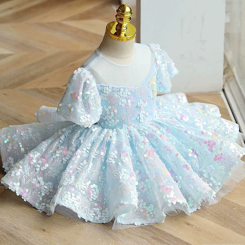 Vestido De Festa Infantil Azul Lantejoulas