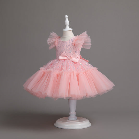 Vestido De Festa Infantil Tule Brilhante e Lacinho