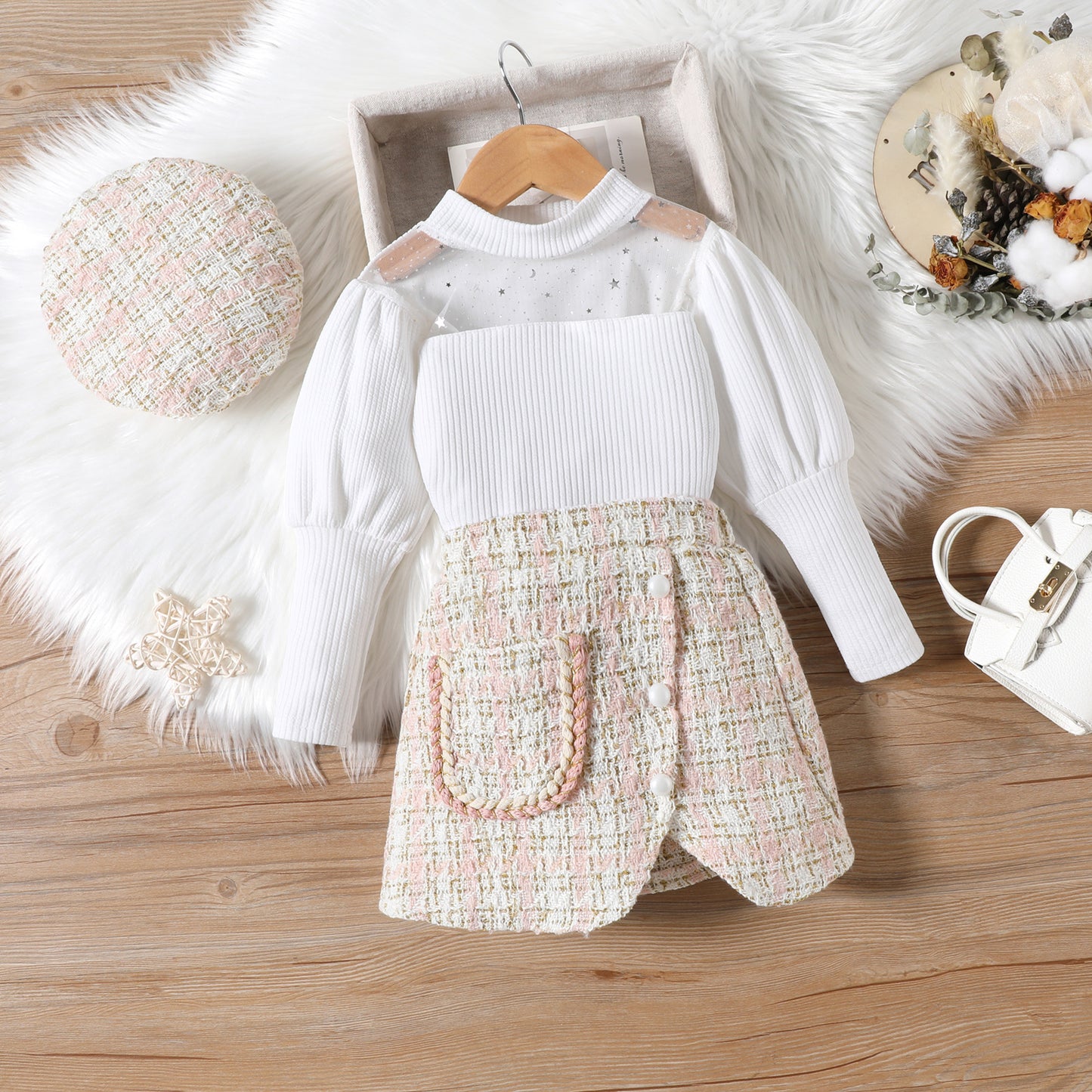 Conjunto Infantil Feminino Branco e Tweed + Boina