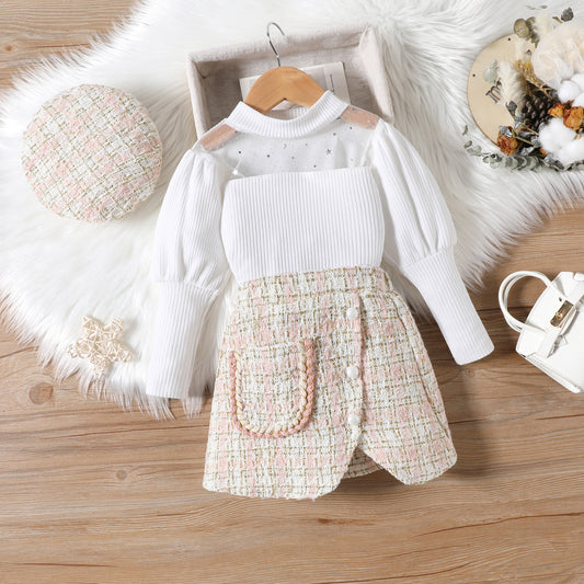 Conjunto Infantil Feminino Branco e Tweed + Boina