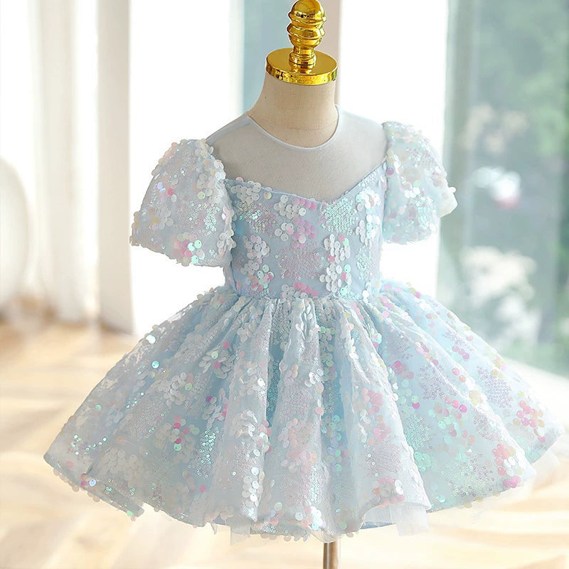 Vestido De Festa Infantil Azul Lantejoulas