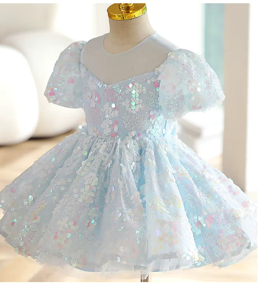 Vestido De Festa Infantil Azul Lantejoulas