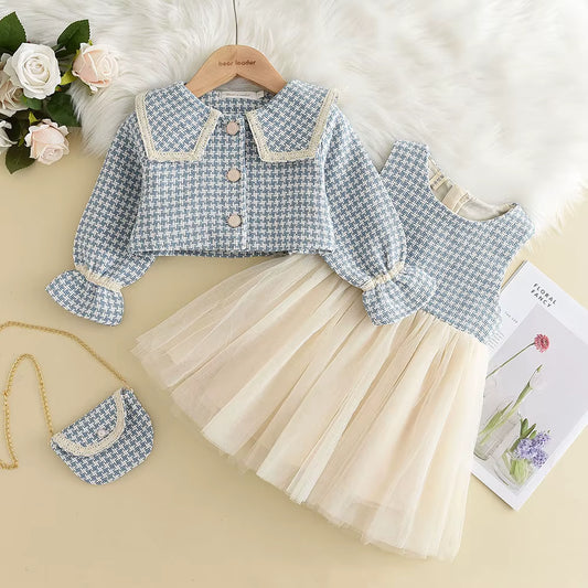 Vestido Infantil + Cardigan + Bolsa Golinha e Tule