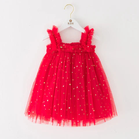 Vestido Infantil Tule Estrelinhas Vermelho