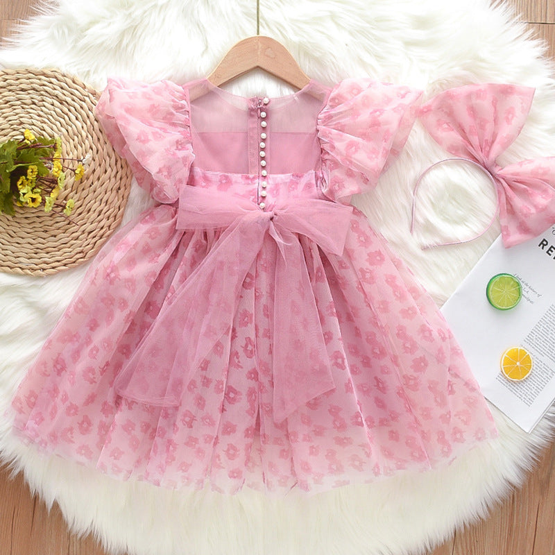 Vestido Infantil Rosa Florzinhas e Laçinho