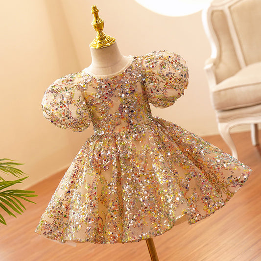 Vestido De Festa Infantil Dourado Paetê + Lacinho