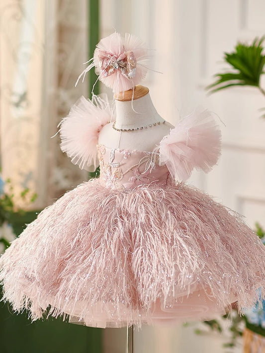 Vestido De Festa Infantil Plumas Rosa