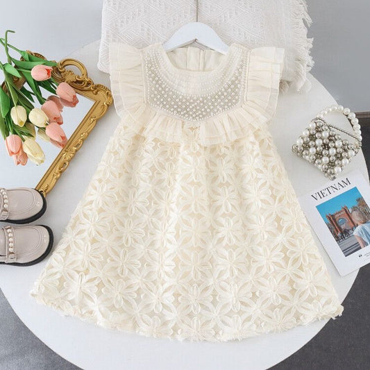 Vestido Infantil Flores e Golinha Pérolas