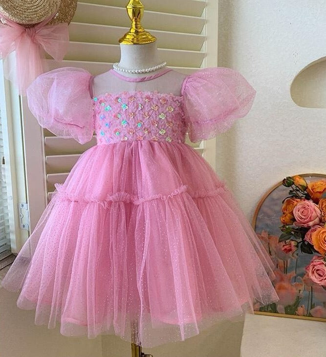 Vestido Infantil Rosa Tule e Brilhos