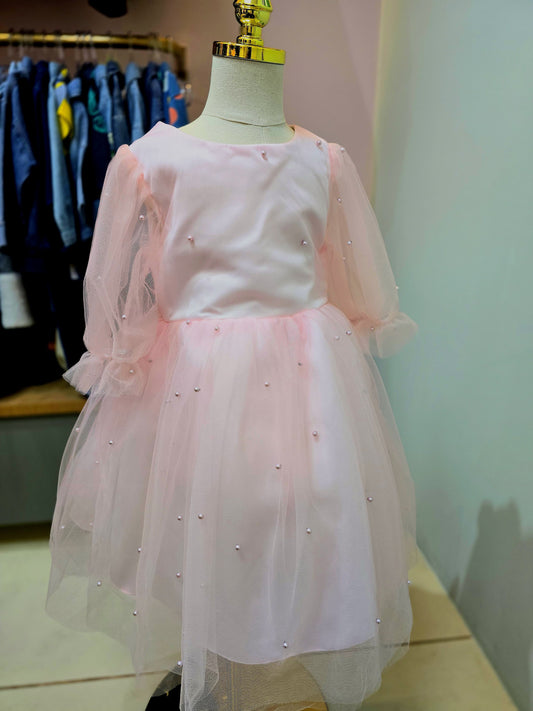 Vestido De Festa Rosa Pérolas e Laçinho