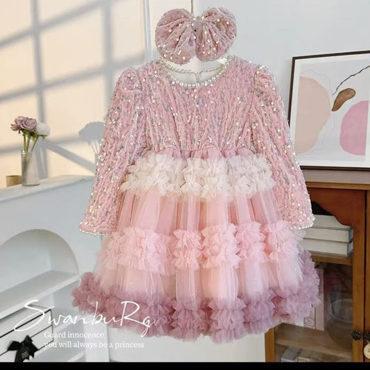 Vestido Infantil Paetê Rosa