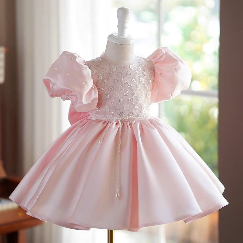 Vestido Infantil Rosa Pérolas