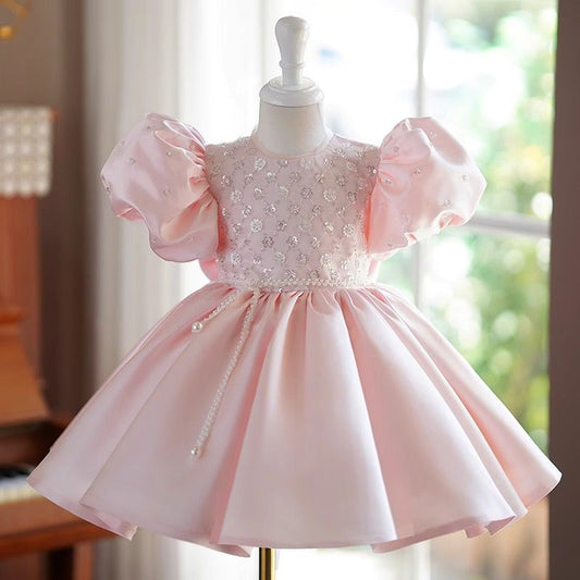 Vestido Infantil Rosa Pérolas