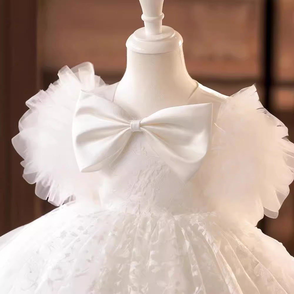 Vestido Infantil Branco Folhas Lacinho
