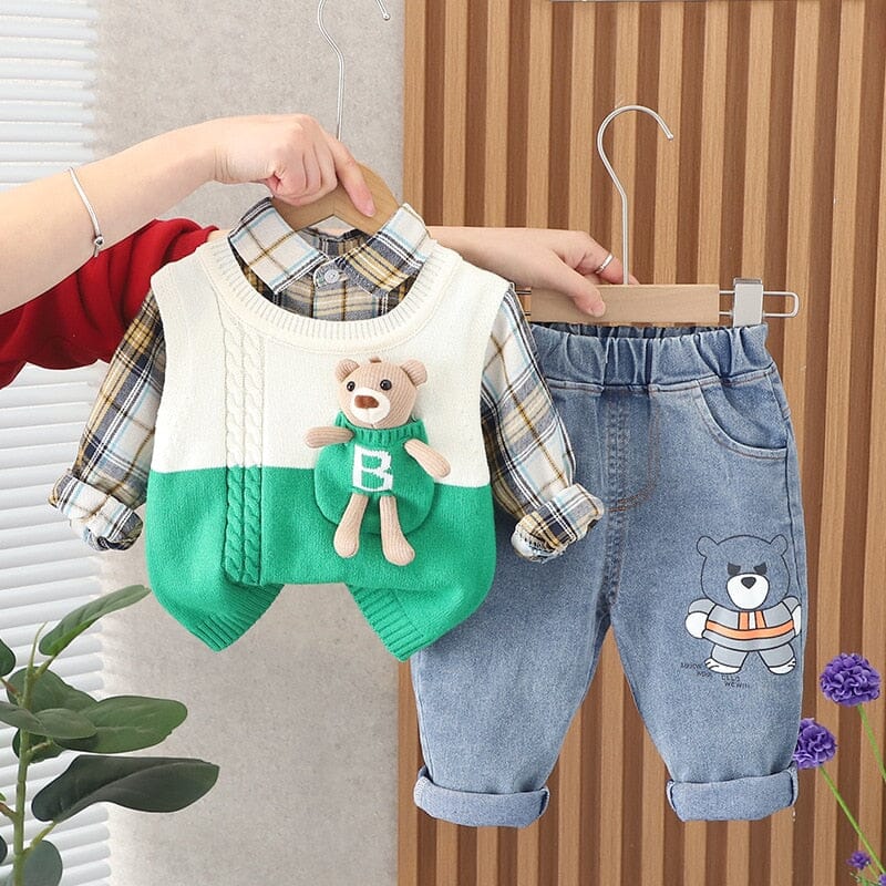 Conjunto Infantil Masculino 3 Peças Suéter Ursinho