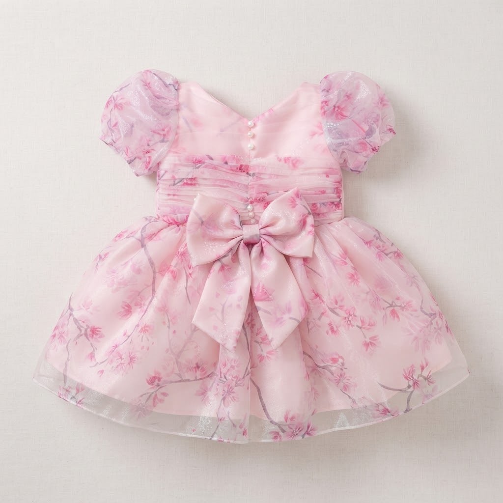 Vestido Infantil Rosa Floral e Pérolas