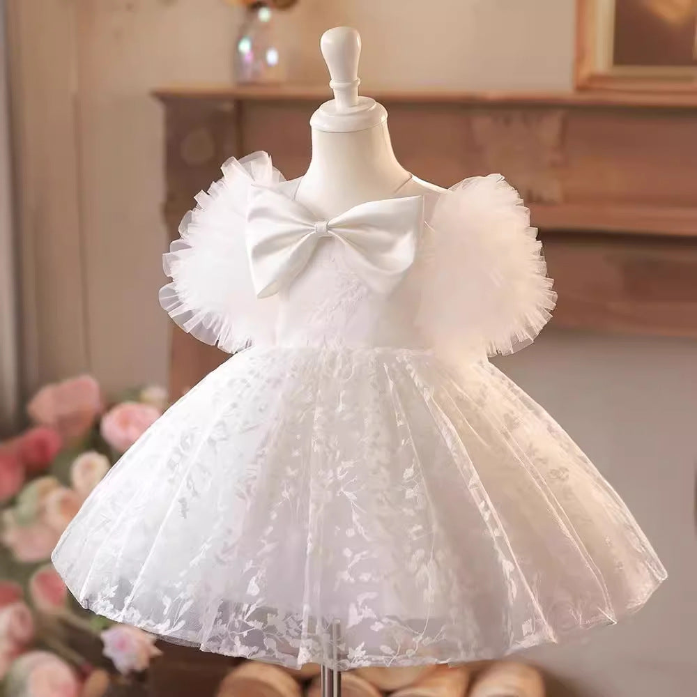 Vestido Infantil Branco Folhas Lacinho