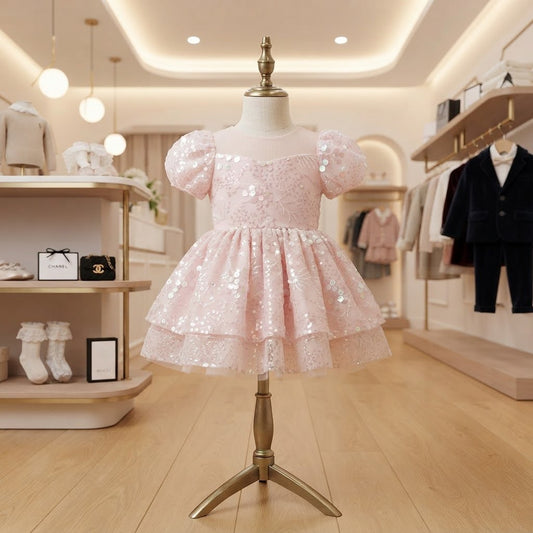 Vestido Infantil Rosa Lantejoulas