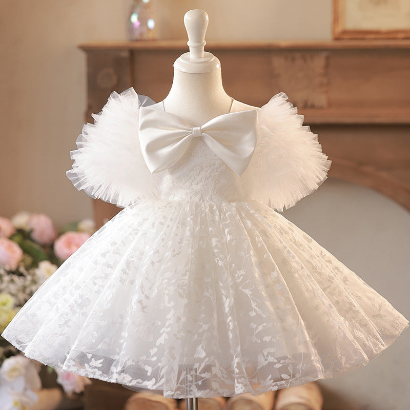Vestido Infantil Branco Folhas Lacinho