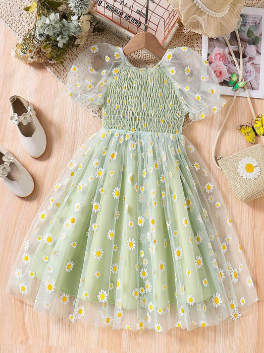 Vestido Infantil Tule Margaridas